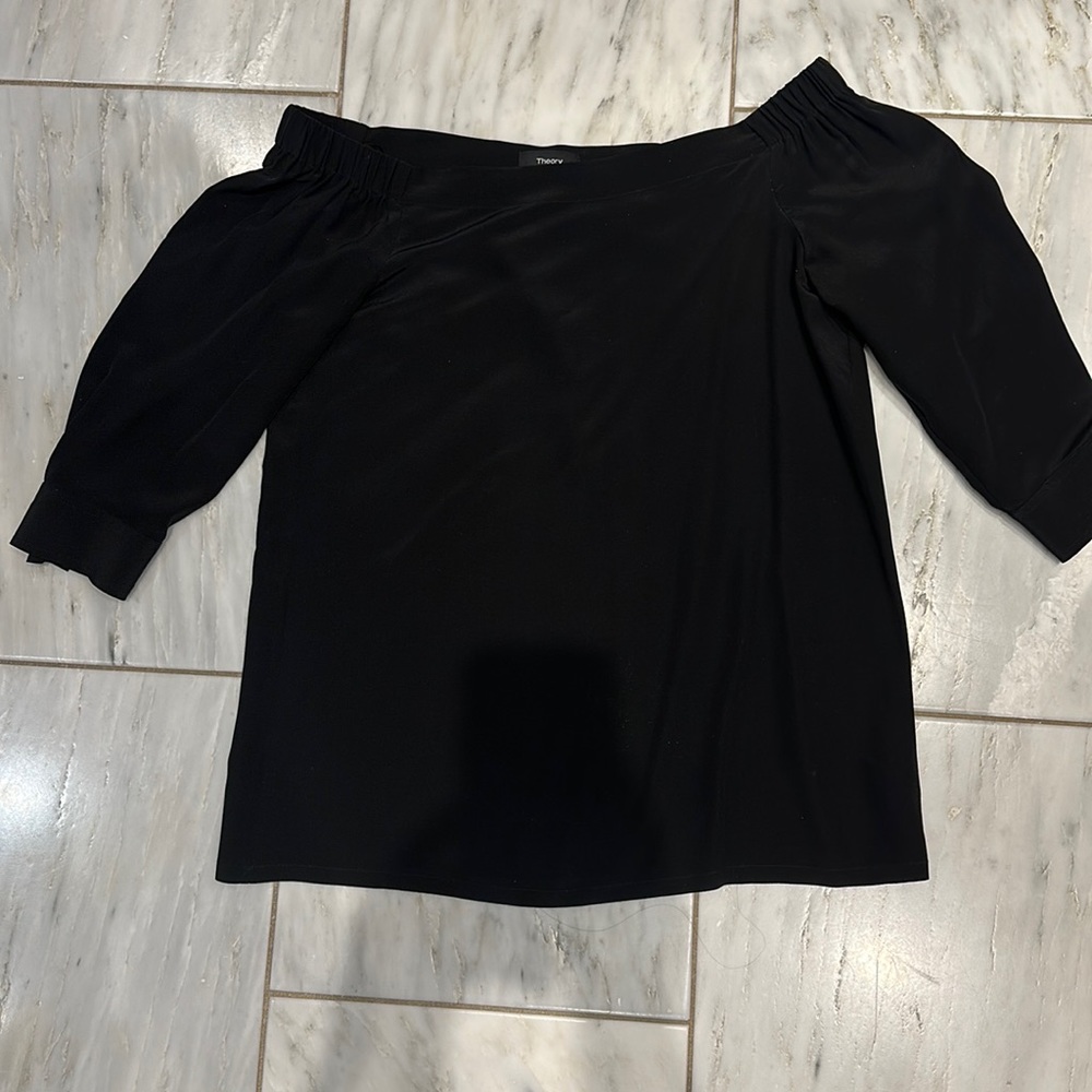 Theory black silk off the shoulder blouse